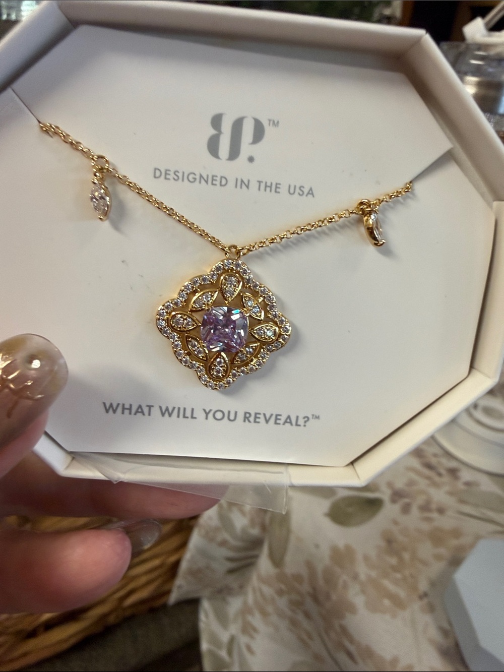 Gold-Tone Necklace with Pink Center Stone and Crystal Accents